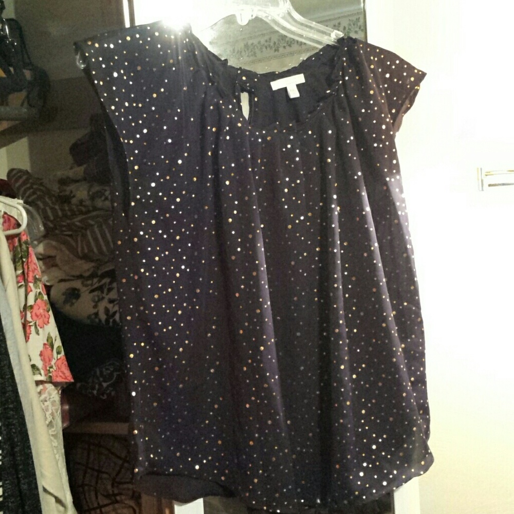 Navy and copper polka-dot silky shell